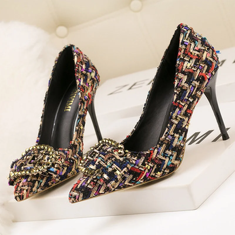 

2021 Woolen Women Pumps New Elegant Crystal Metal Buckle Women's High Heel Shoes Autumn Shallow Dress Office Shoe