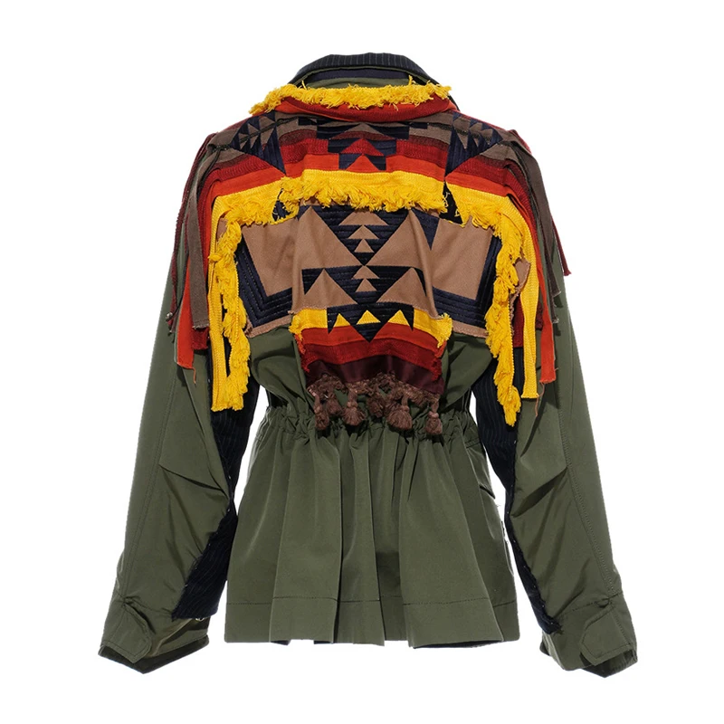 

VGH Patchwork Hit Color Tassel Jacket Notched Long Sleeve Drawstring High Waist Striped Streetwear Coats Female 2021 Spring New