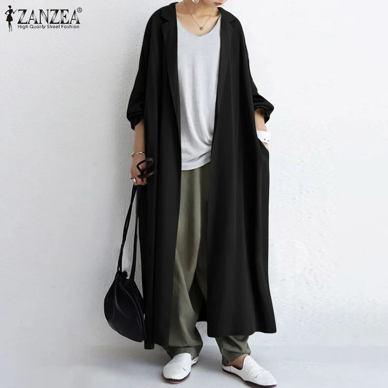 

Women Casual Vintage Solid Long Coat Autumn Long Sleeve Lapel Trench ZANZEA Loose Full Sleeve Cardigan Office Work Jackets Femme