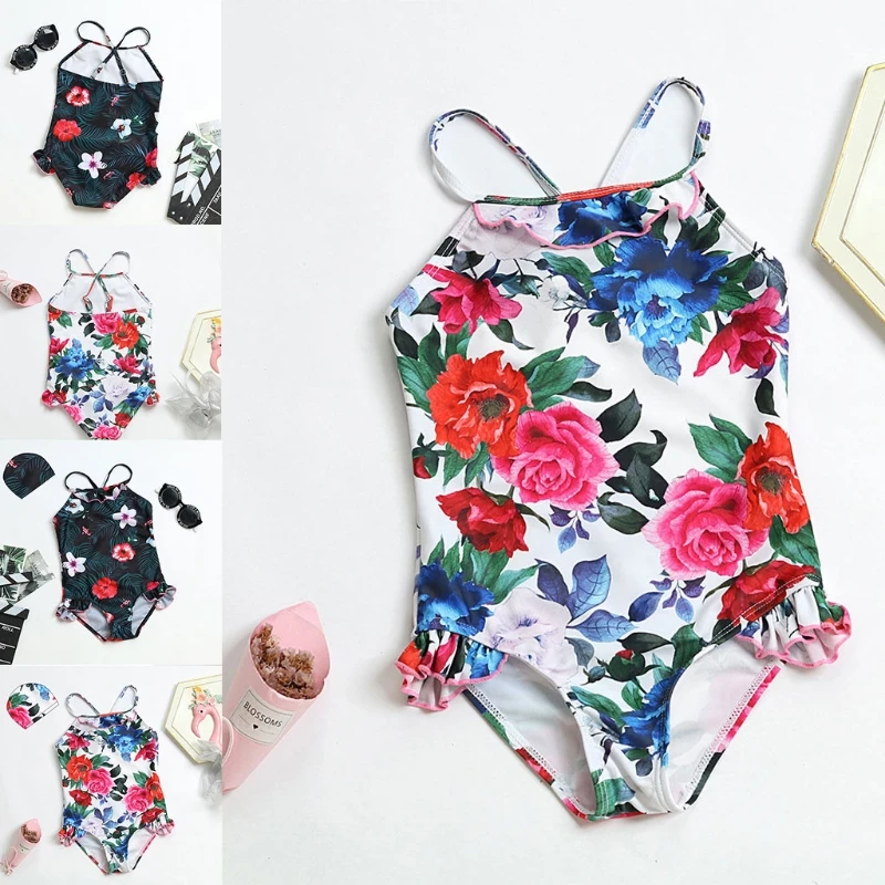 

Children Girls Straps One-Piece Swimsuit Floral Printed Bathing Suit Kids Summer Party Holiday Swimsuit