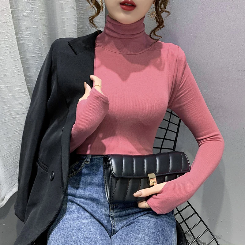 

New Elegant Fashion Women Spring Autumn Sexy Elastic Skinny T Shirt Lady High Collar Long Sleeve T-Shirt Tops