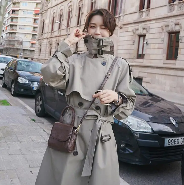 Spring womens trench coats new khaki stand collar waistband double-breasted loose long jacket пальто женское тренч женский
