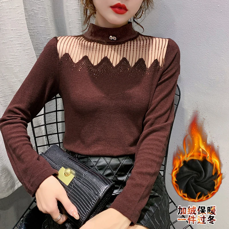 

Winter European Style T-Shirt Sexy Patchwork Lace Shiny Dimonds Women Tops With Fleece Brushed Cotton Tees 2021