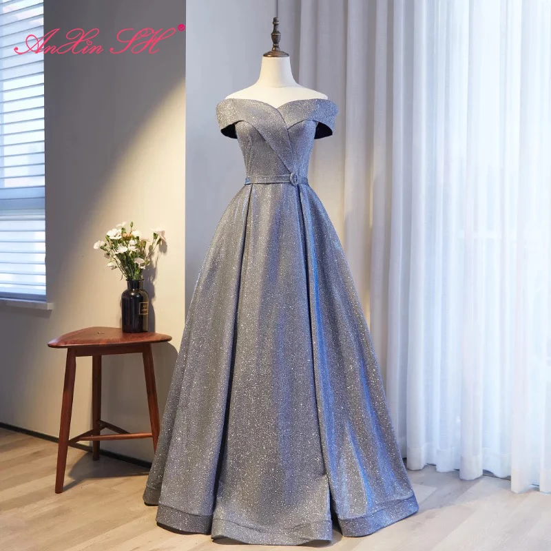 

AnXin SH princess silvery velour evening dress vintage party boat neck sparkly a line sashes host lace up bride evening dress