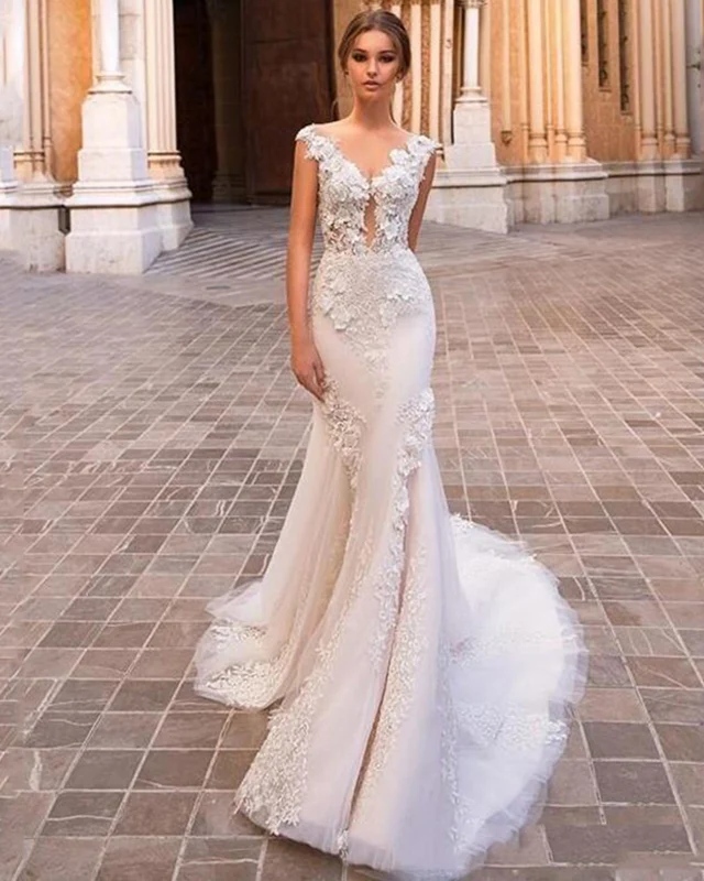 

Luxury African Lace Mermaid Wedding Dress With 3D Flower Vestido De Novia Vintage Layered Tulle V Neck Bridal Dress Princess
