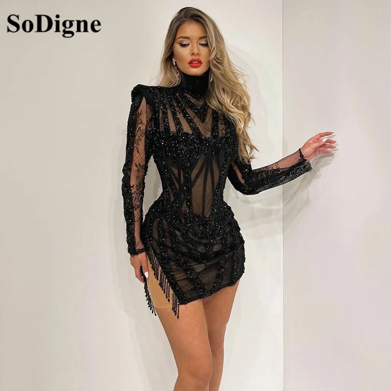 SoDigne Glitter Black High Neck Short Cocktail Dress Long Sleeves Beads illusion Lady's Dress Mermaid Formal Party Prom Gowns