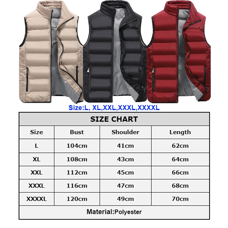 Men's Winter Solid Color Down Jacket Vest Body Warmer Warm Sleeveless Stand Collar Zipper Coat Black Red Khaki | Мужская одежда