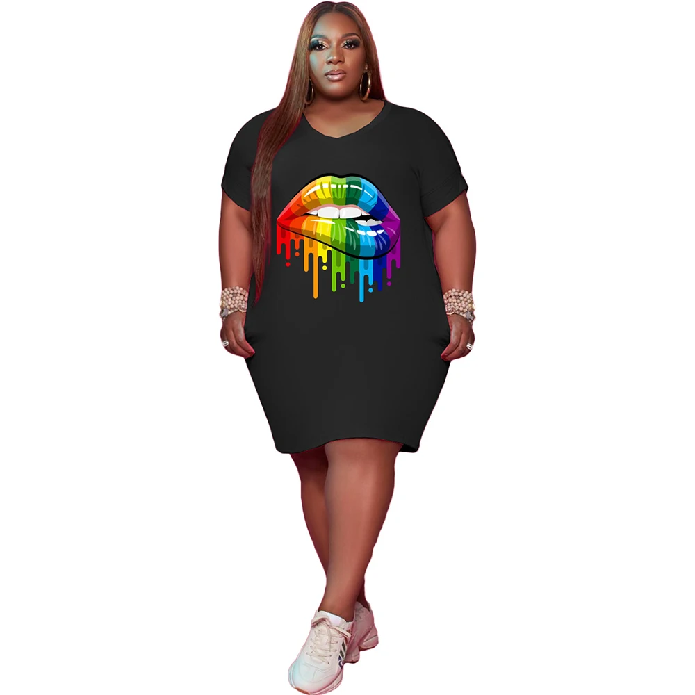 

Ladies European And American Summer New Fashion Women's Round Neck 5X Plus Size Colorful Lip Print Pattern Casual Loose Dress