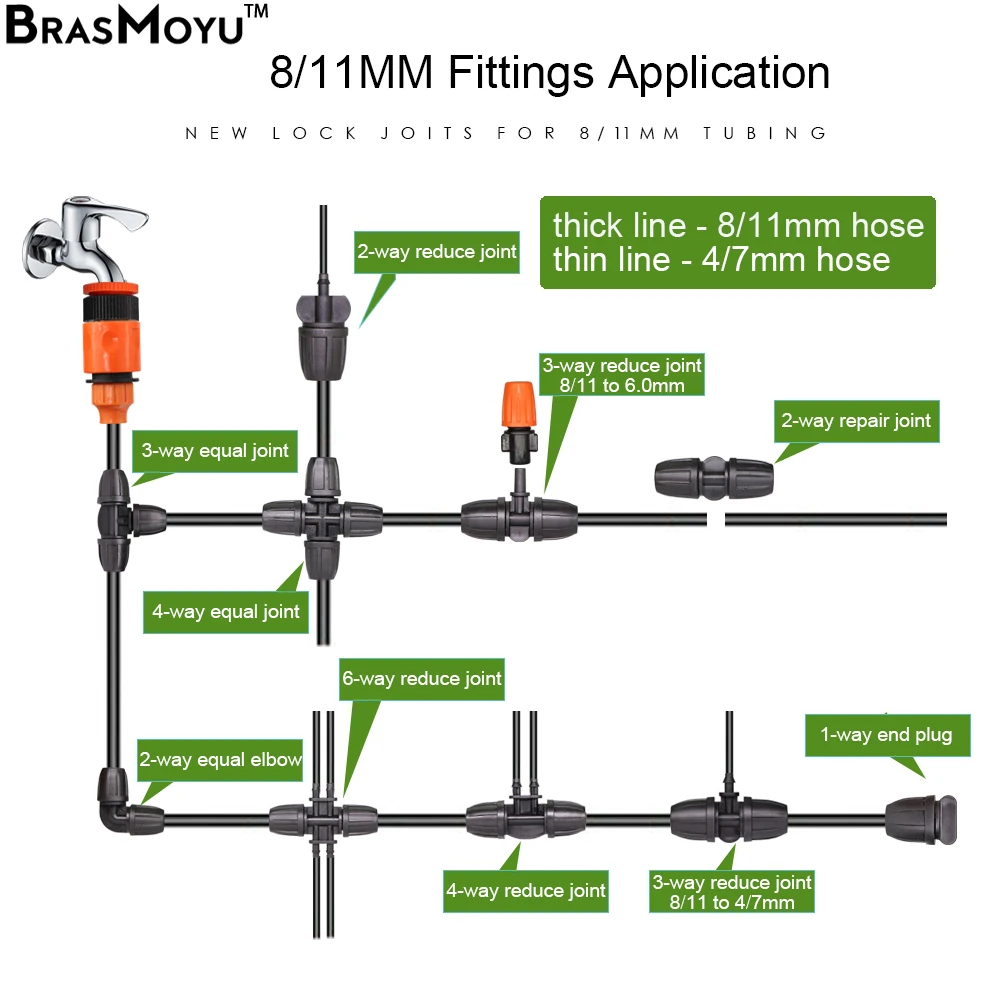 BRASMOYU 3/8 "до 1/4" шланговый соединитель 8/11 до 4/7 мм Barb 6 0 замок Тройник прямо