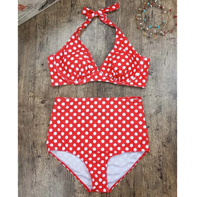 Сексуальный большой купальник в горошек с высокой талией женский бикини пуш-ап