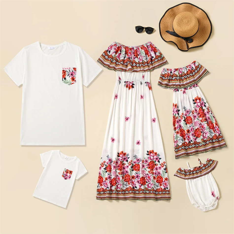 

Summer Family Matching Outfits Bohemia Mother Daughter Dresses Father Son Cotton T-Shirts Flower Mom Baby Mommy and Me Clothes