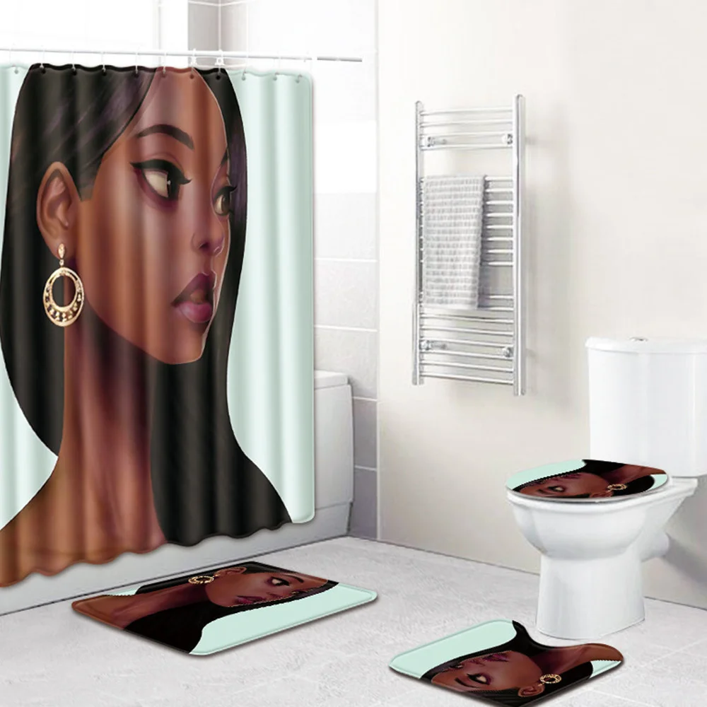 

African Women Shower Curtain Waterproof Entrance Doormat Bathroom Bath Anti-Slip Rug Home 4Pcs Set Toilet Seat Cover Floor Mat