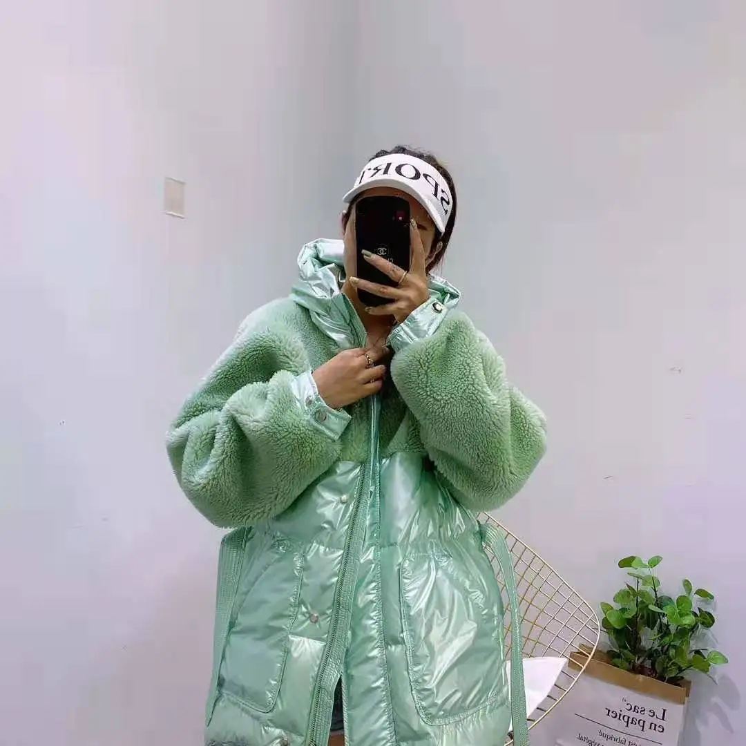 Женские пальто, зима 90%, белый утиный пух, куртка, тонкая одежда, пэчворк, овечий мех, пальто с капюшоном, Толстая теплая парка, талия, шерсть, смесь