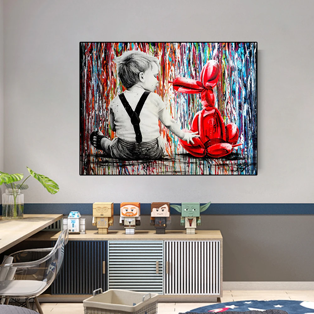 

Red Balloon Graffiti Art Little Boy And Dog Canvas Painting Poster Print On The Wall Pictures For Living Room Home Decoraction