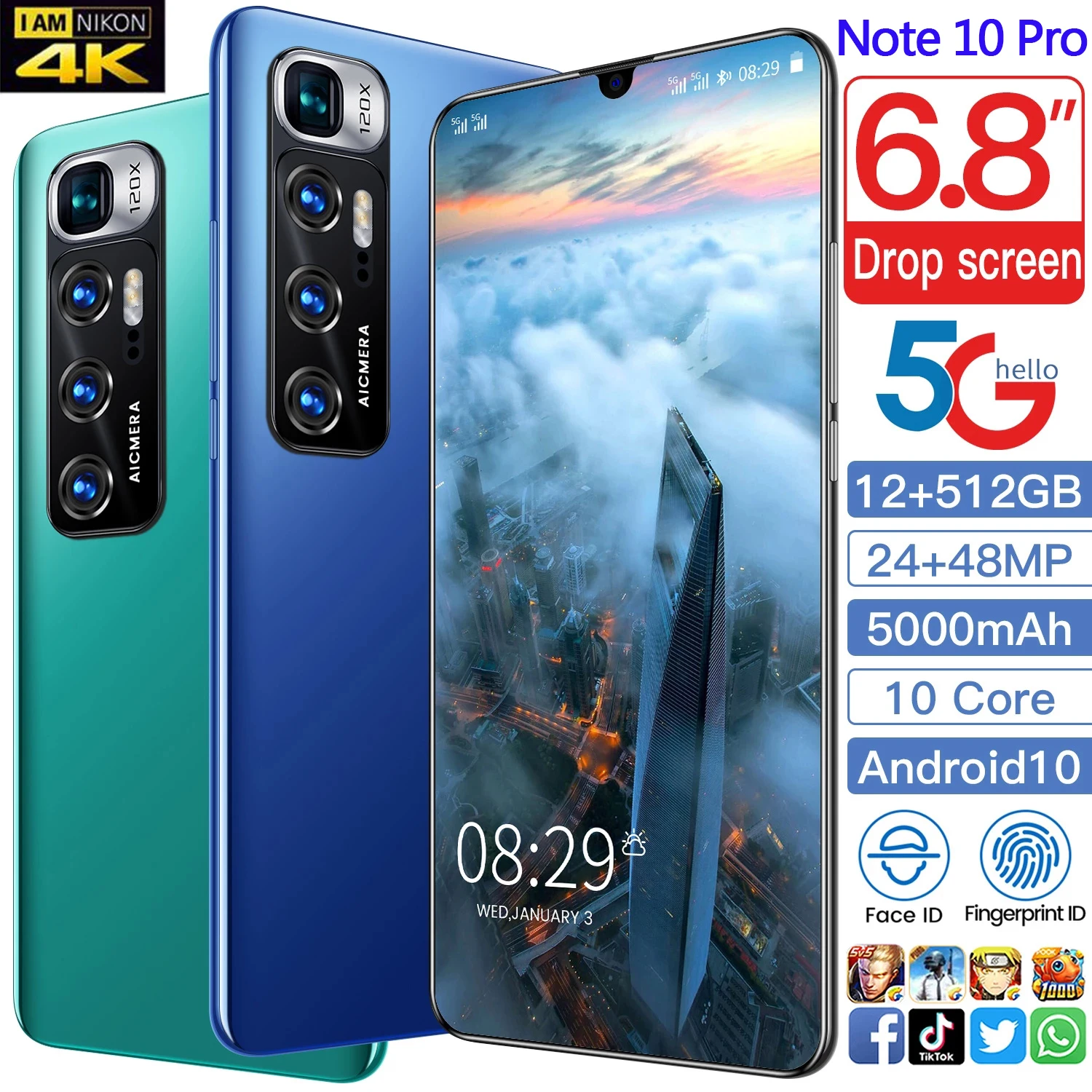 Смартфон Note 10 12 + 512 ГБ 5000 мАч 6 8 дюйма 4G| |