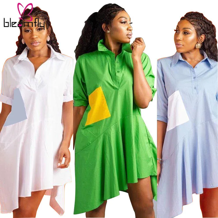 2019 летние женские блузки А силуэта с отложным воротником платье рубашка