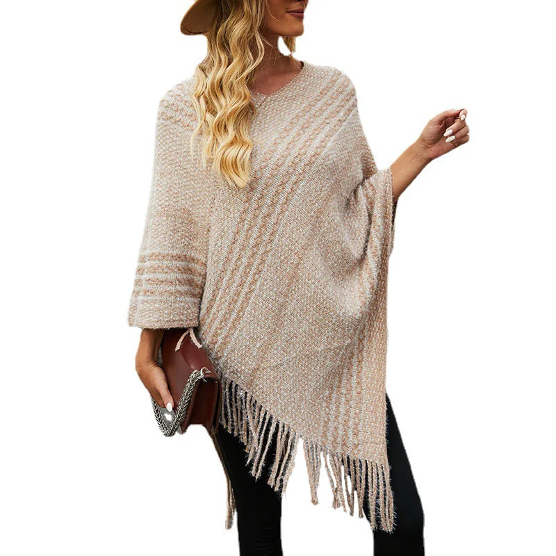 

OMCHION Women's Winter Clothing 2021 Korean New V Neck Striped Cloak Women Casual Loose Shawl Tassel Sweater Coat Batwing Sleeve