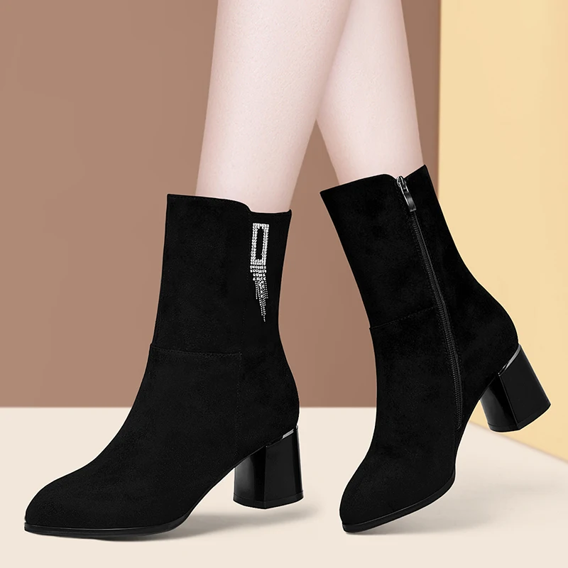 

Snow Boots mid calf boots Thick heel short boots 2021 autumn winter Ankle boots women's boots cotton shoes Keep warm Chain