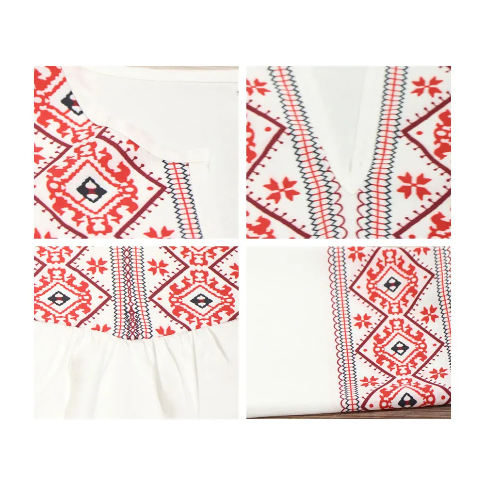 

Gentillove Vintage Geometric Patterns Loose Blouse Casual Boho Half Sleeve V Neck Shirt Indie Folk Style Beach Travel Tops Blusa