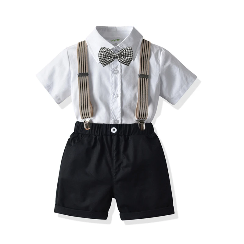 

Boys Summer Short-Sleeved Shirt Suspenders Shorts Set Children’S Four-Piece Suit Kids Clothing Wedding Banquet Formal Wear Cloth