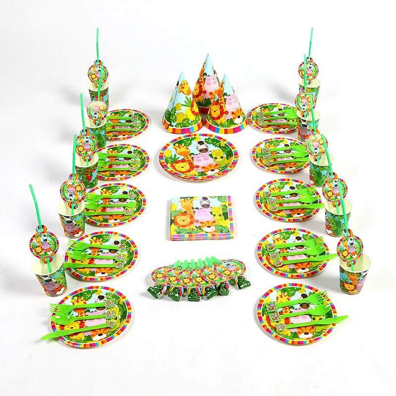 

Jungle Animal Tableware Wild One Birthday Party Supplies Kids Green Forest Jungle Safari Theme Party Decor Boy Gifts Balloons