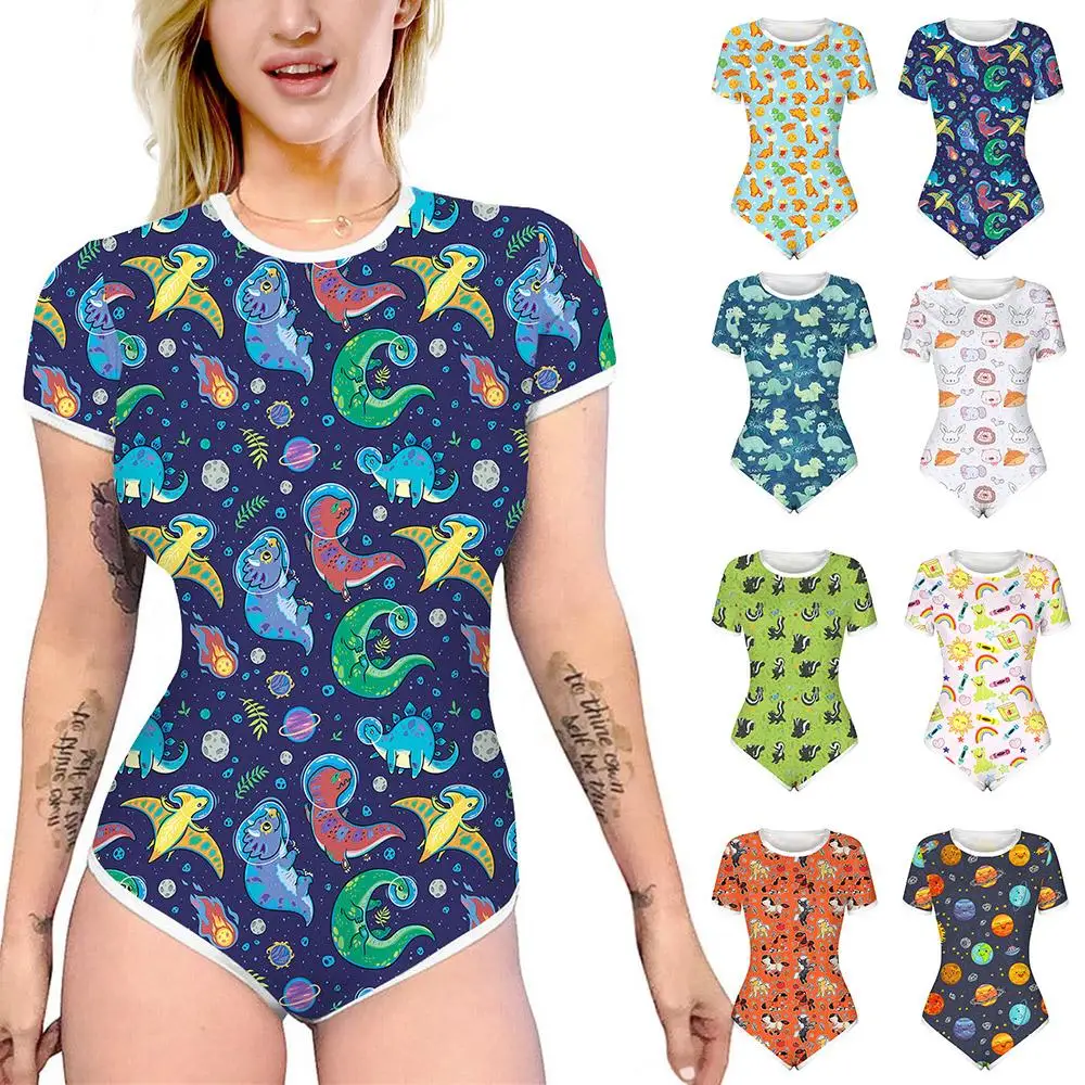 Cartoon Printed Playsuit Ladies Short Sleeve Slim Fit Casual Summer Romper