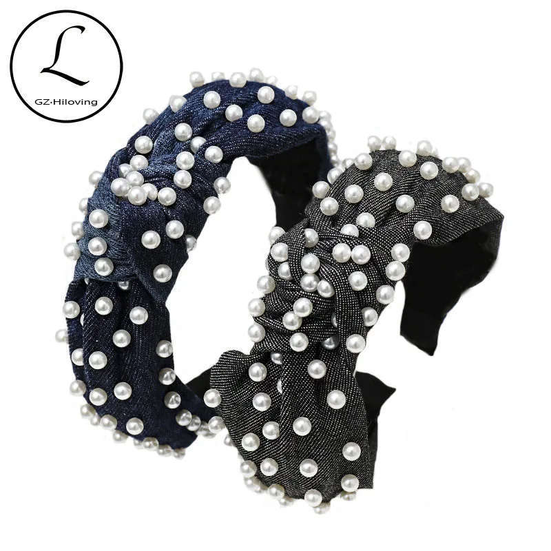 Женская ВИНТАЖНАЯ ДЖИНСОВАЯ повязка с жемчужным узлом Яркая Летняя женская