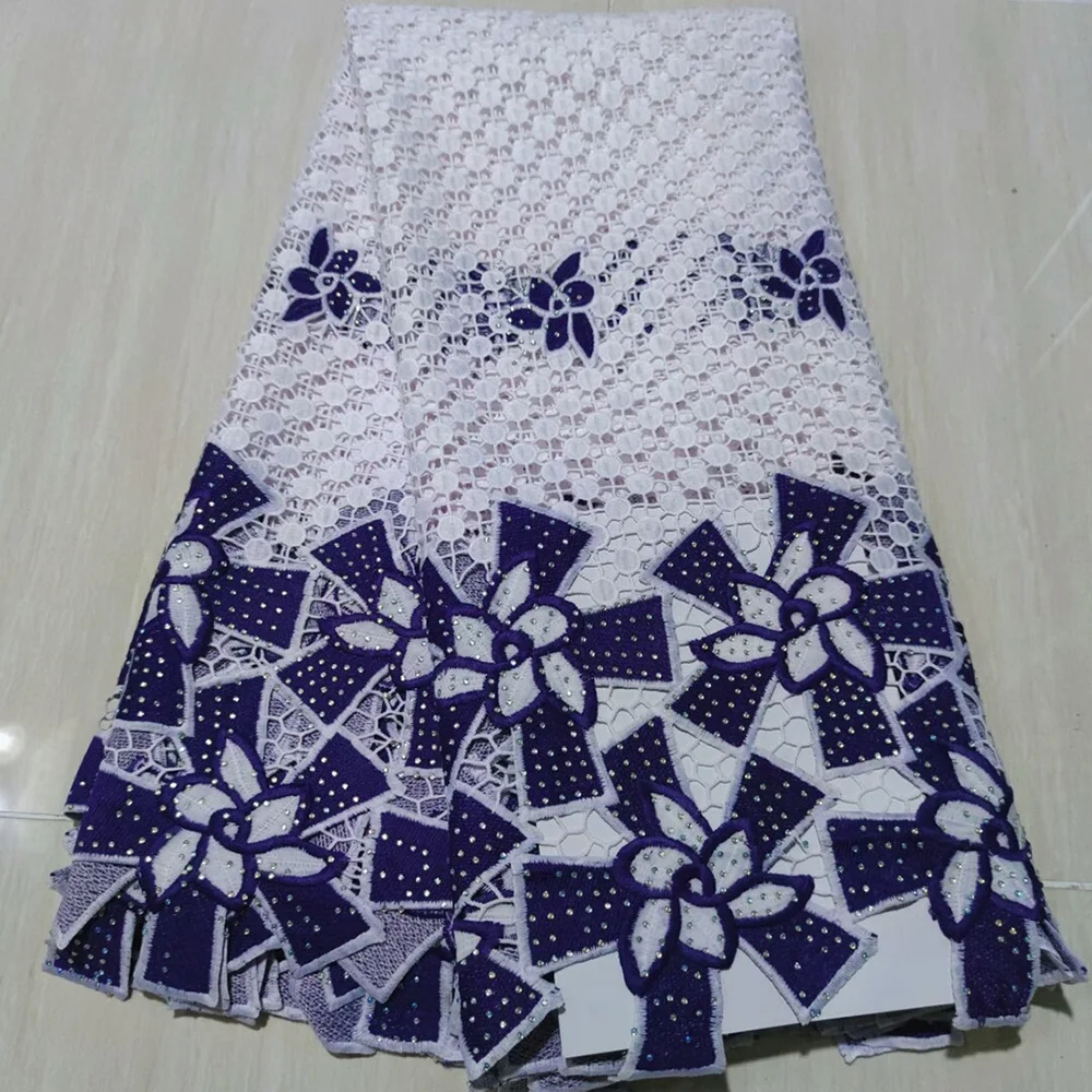 

High quality Water soluble lace Fabric in white knitted wonderful royal blue pattern with stones AYYW4 African cord lace Fabric