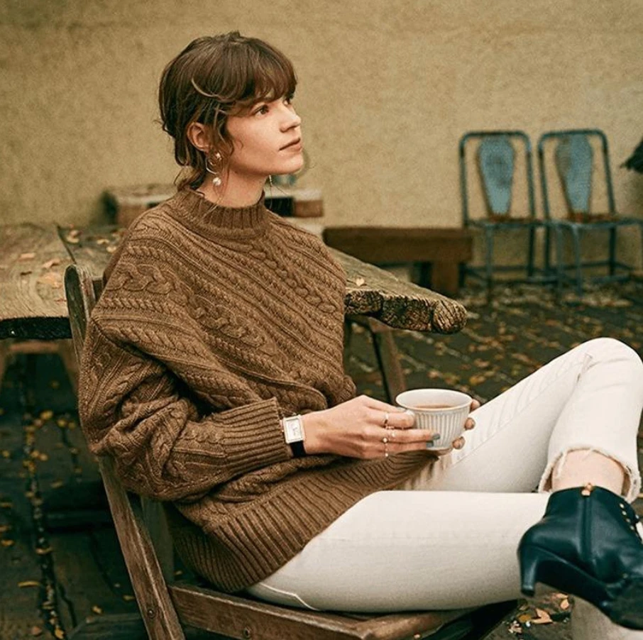 

Autumn And Winter New Half High Neck Women's Sweater Twist Loose Thick Lazy Bottoming shirt brown blue white apric