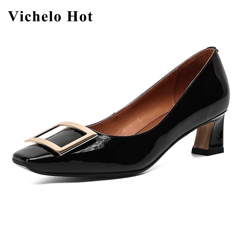 

Vichelo Hot French romantic square toe med heel metal buckle decoration mature young lady elegant evening party women pumps L28