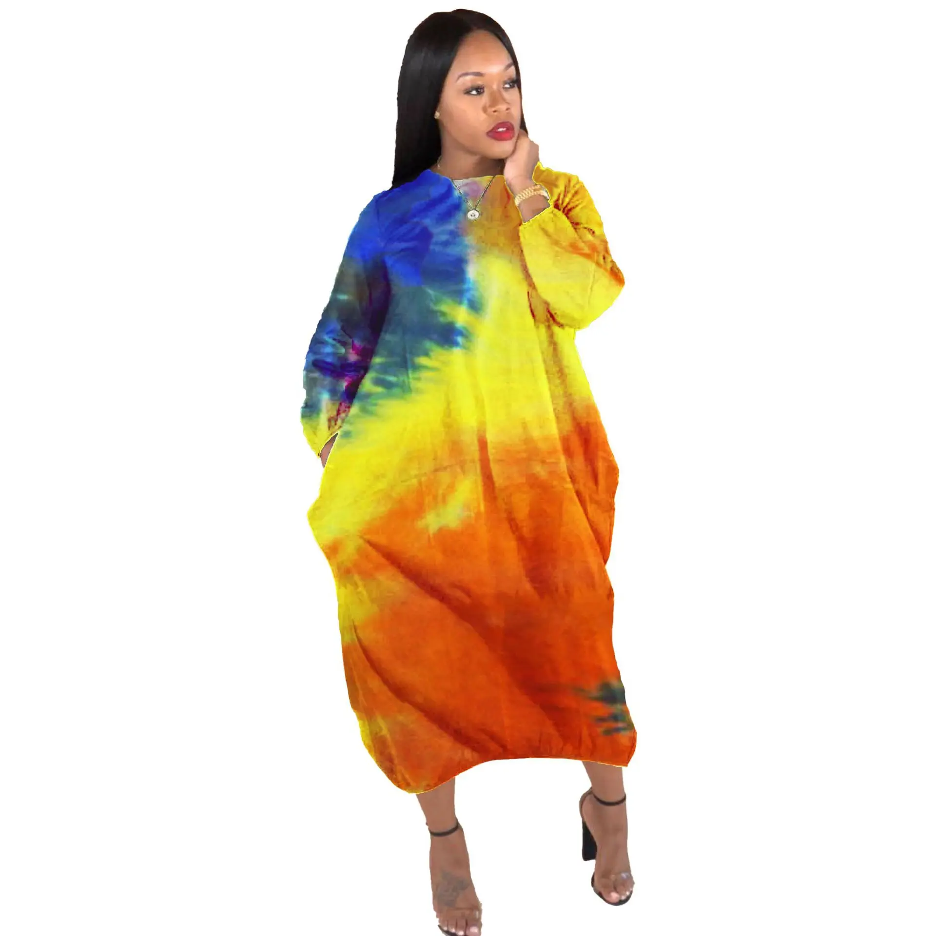 

Women Plus Size Tie Dye Printed Loose Mid-calf Long Dress