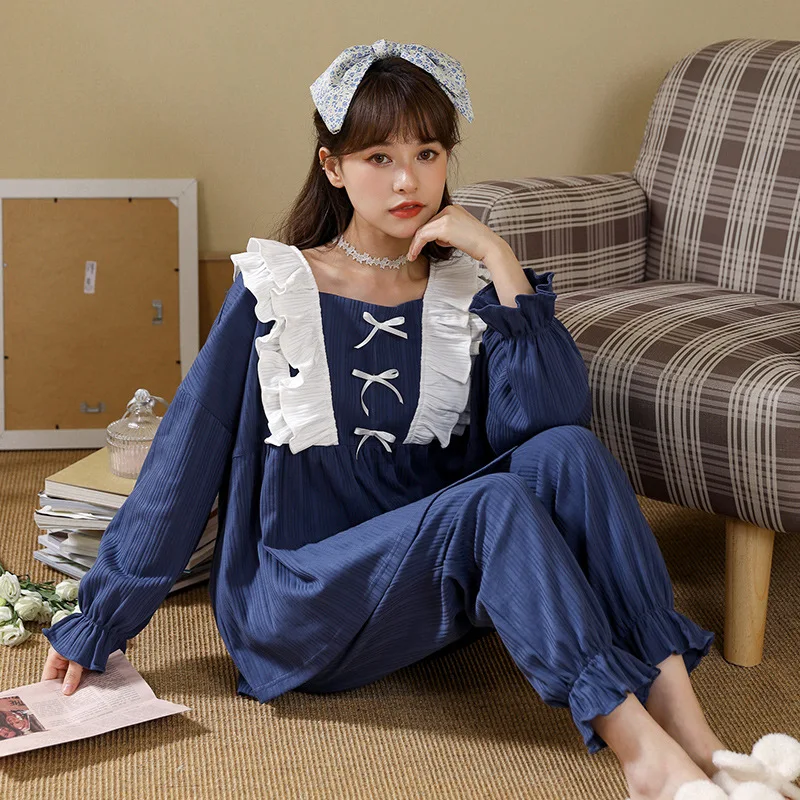Autumn Winter Two Piece Set 100% Pure Cotton Long Puff Sleeve Trousers Women Pajamas Suit Cute Princess Style Sleepwear Homewear