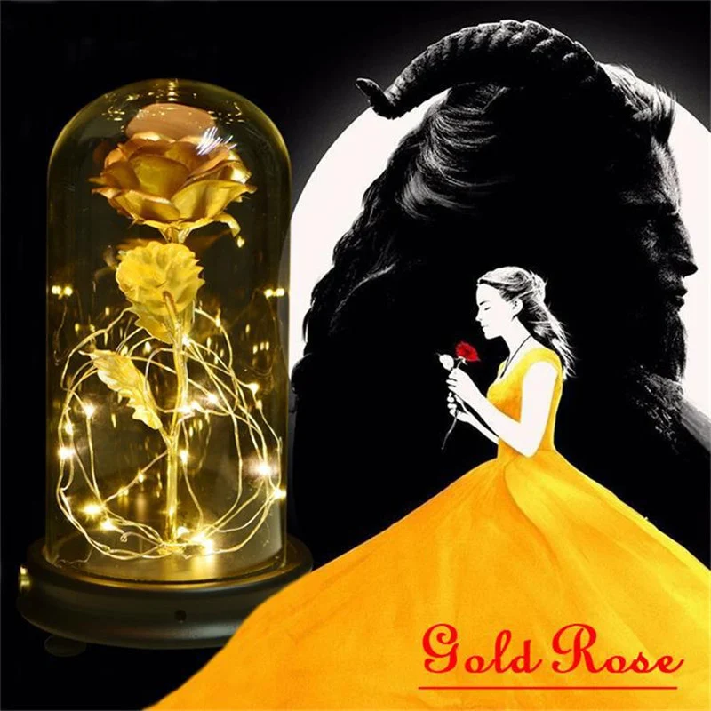 

YO CHO Gold Foil Eternal Rose LED Light Preserved Rose In Glass Dome For Valentine's Mother's Christmas Day Gift Red Rose Flower