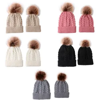 Pudcoco US Stock Free Shipping 5 Colors Womens Mother Baby Matching Knitting Pom Bobble Hat Kids Winter Warm Beanie Cap 3