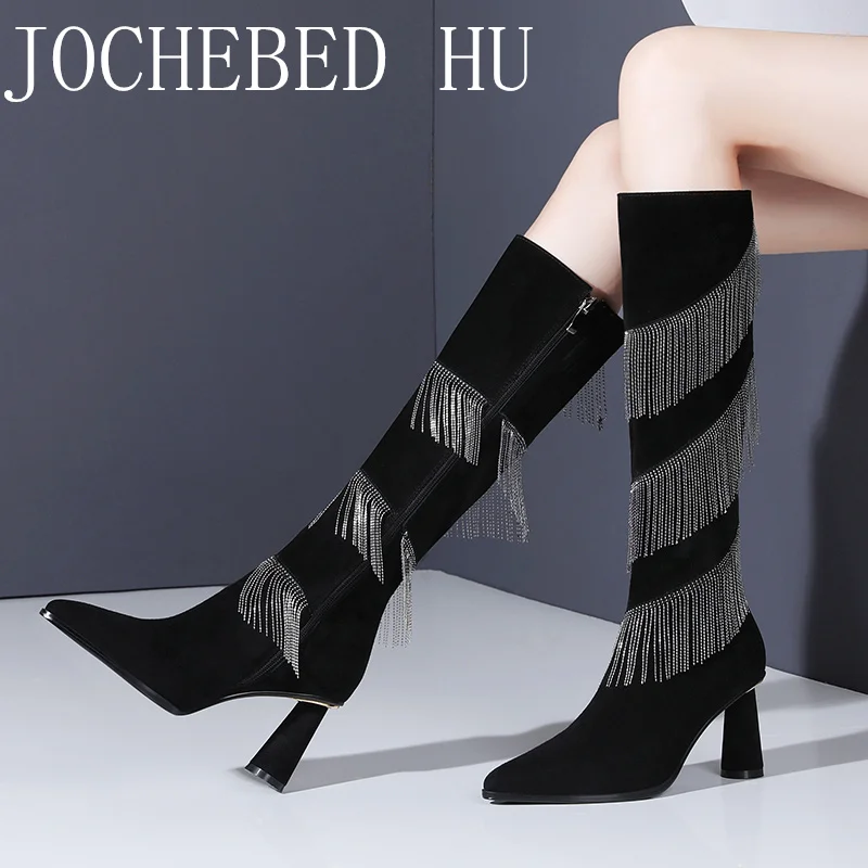 

[Jochebed hu】модные женские длинные сапоги с золотой бахромой, новый дизайн, черные, детские, замшевые, на шпильке, высокие сапоги до бедра с бахр...