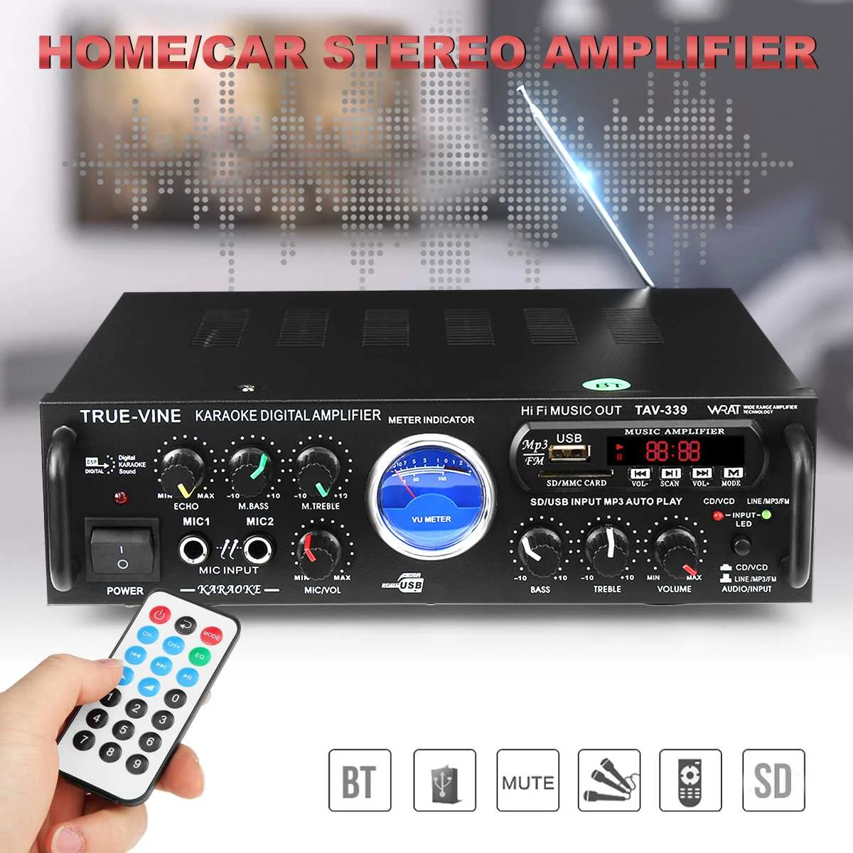 Усилитель мощности Sunbuck TAV-339B 2 канала 600 Вт bluetooth с измерителем VU FM-радио USB SD-картой