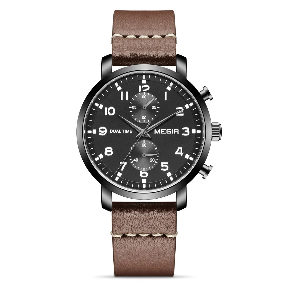 Homem de Negócios Dial à Prova Relógio de Quartzo Megir Couro Genuíno Relógios Multi-função Dwaterproof Água Cronógrafo Masculino Relógio