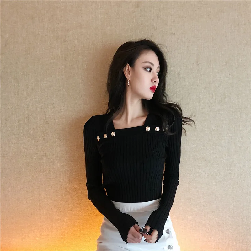 Пуловеры с пуговицами вязанные свитера для женщин квадратным воротником тонкий