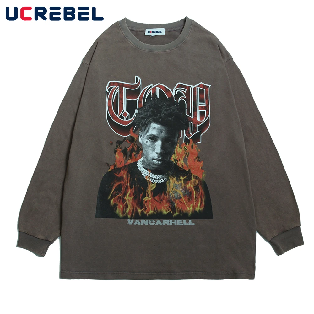 

Rock Rap Character Print Long Sleeve T-shirt Mens High Street Crew Neck Tee Streetwear Loose Casual T Shirt Men