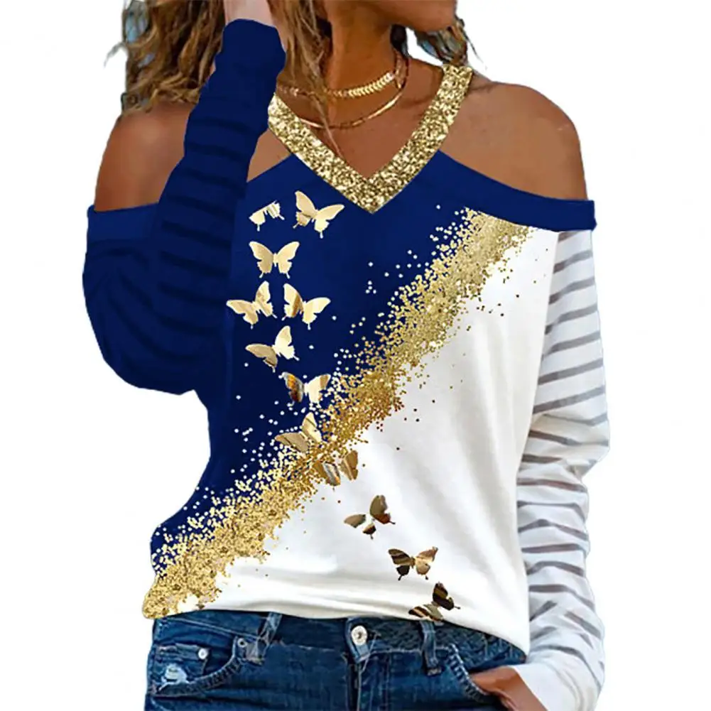 

Autumn Long Sleeve Tops Women V Neck Tops Skin-friendly Off Shoulder Butterflies Print Autumn Tops Pullover Top Streetwear