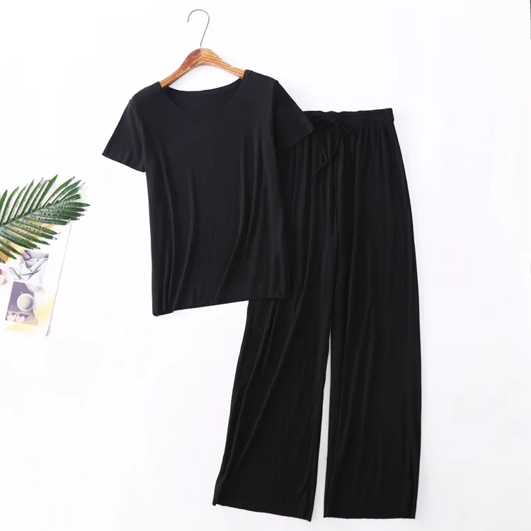 2021 Summer Thread Cotton Short Sleeve Trousers Home Suit Pajamas Women's Wide Size Nightgown 2Pcs Set Nightwear Sexy Sleepwear
