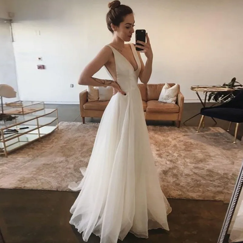 V-Neck A Line выходные платья без рукавов вечернее платье белое с открытой спиной Vestido