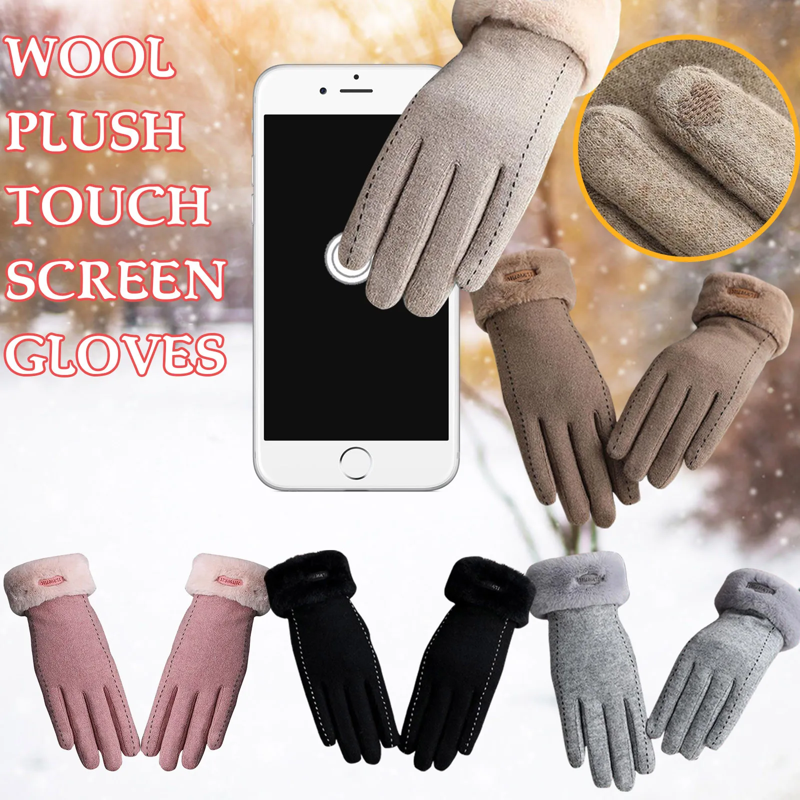 

1 Pairs Women Autumn And Winter Wool Plus Velvet Outdoors Sports Warm Windproof Riding Gloves Valentine's Day Exquisite Gift