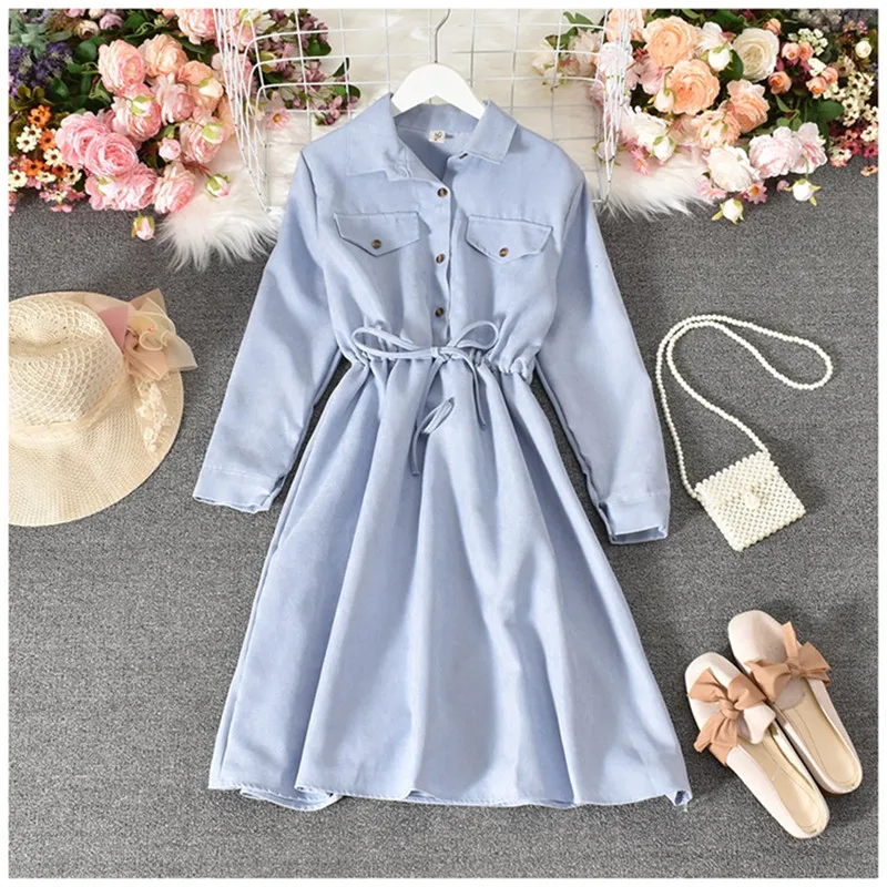 Женское вельветовечерние платье с длинным рукавом и поясом повседневное