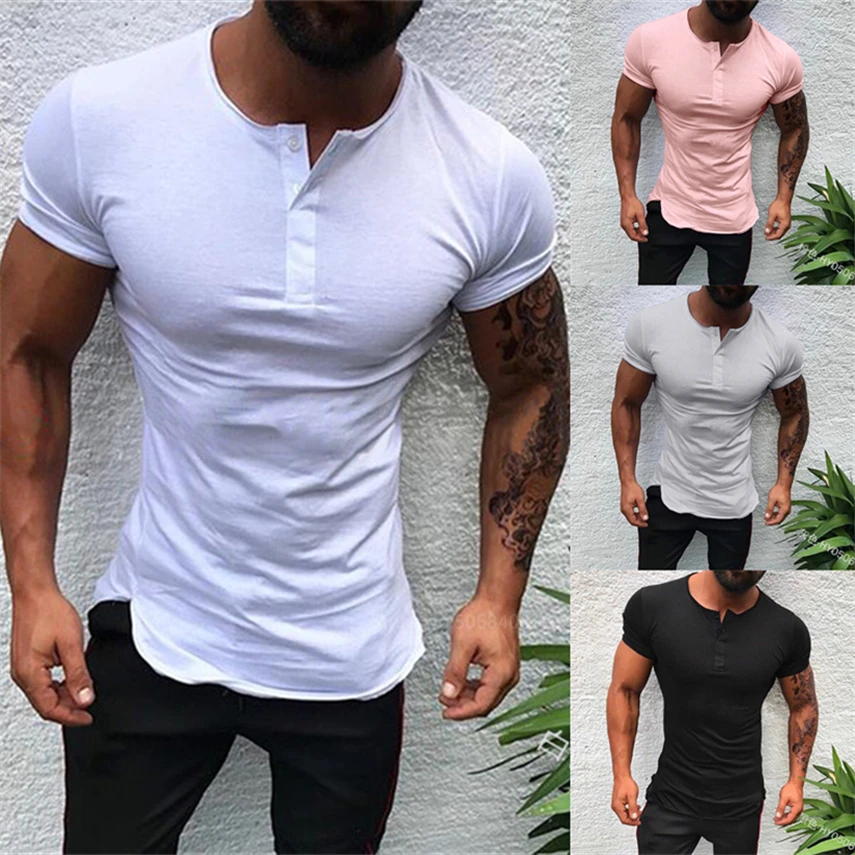 

2022 Men T-Shirts Fashion Short Sleeve Solid Slim Pullover Button Casual Clothing Streetwear for Adult Mans Top