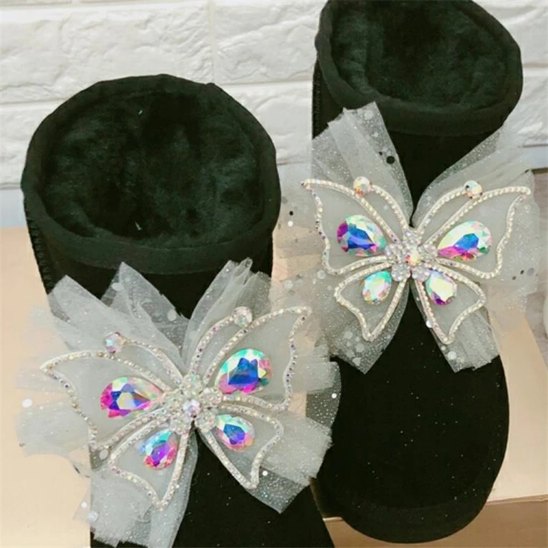 

Winter New Original Handmade Genuine Leather Snow Boots Women Bowknot Crystal Lace Luxury Mid Boots Faux Plush Warm Cotton Shoes