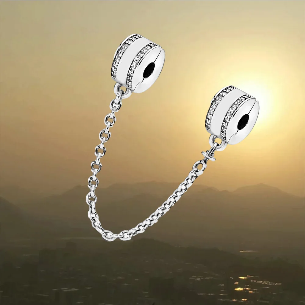 

925 sterling silver safety chain clip charm (decorated with rows of cubic zirconia, with a rotating chain that prevents tangles)