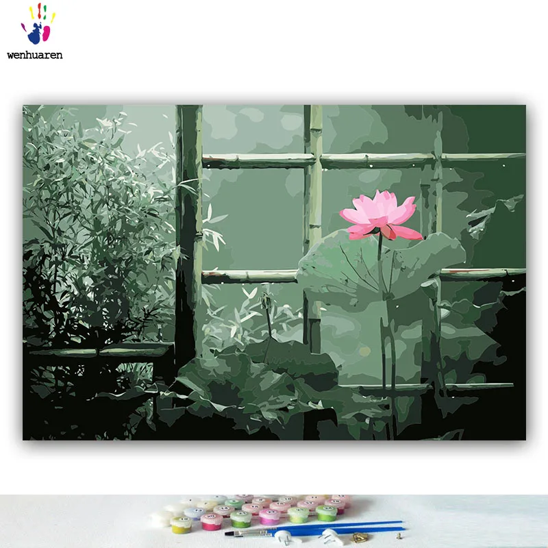 DIY картинки для раскраски по номерам с цветами лотоса и стрекозы картина