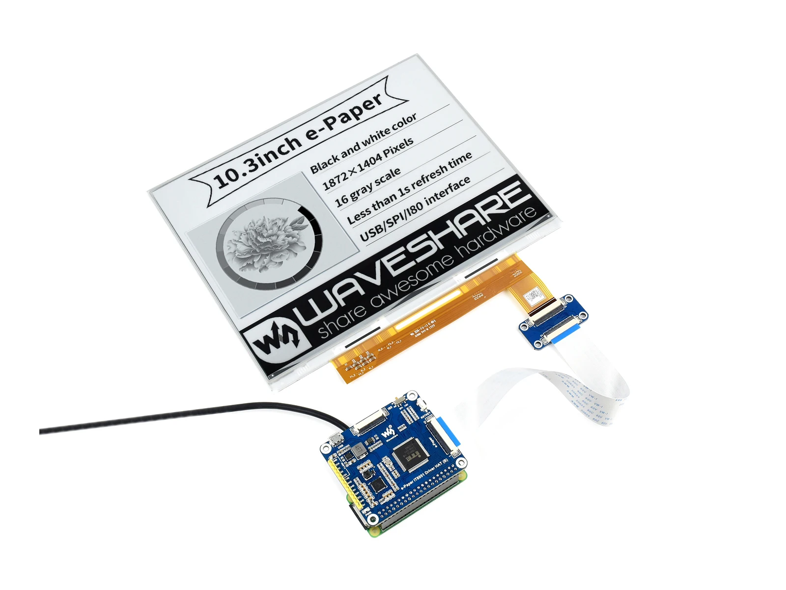 

Waveshare 10,3 дюймовая электронная бумага e-Ink Display HAT для Raspberry Pi, 1872*1404, черный/белый, 16 серых весов, USB / SPI / I80