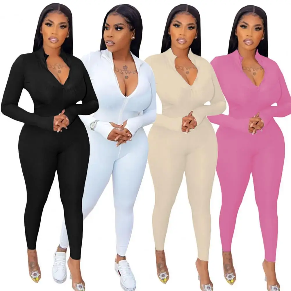 

Solid Zipper Casual Sporty Workout Womens Jumpsuit 2021 Spring Autumn Fashion Skinny Long Sleeve Athleisure Bodycon Jumpsuits